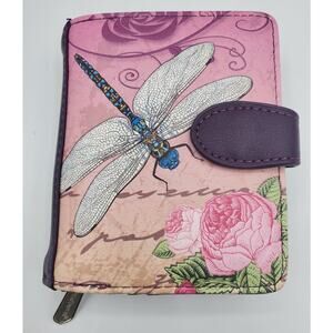 Shag Wear Sm Faux Leather Wallet 4.5" Vintage Dragonfly, Purple - USED with Tear
